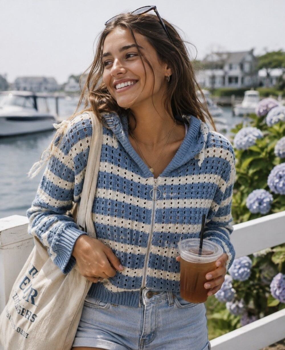 NWT Cotton Emporium Zip Up Crochet Long Sleeve Hooded Sweater L Boho Nautical